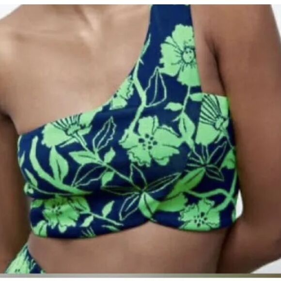 Zara NWT one shoulder top, bright green & navy blue floral print M - Picture 6 of 11